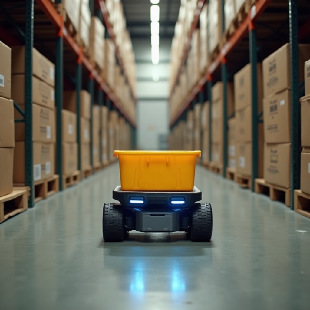 Autonomous mobile robot navigating a narrow warehouse aisle carrying a tote