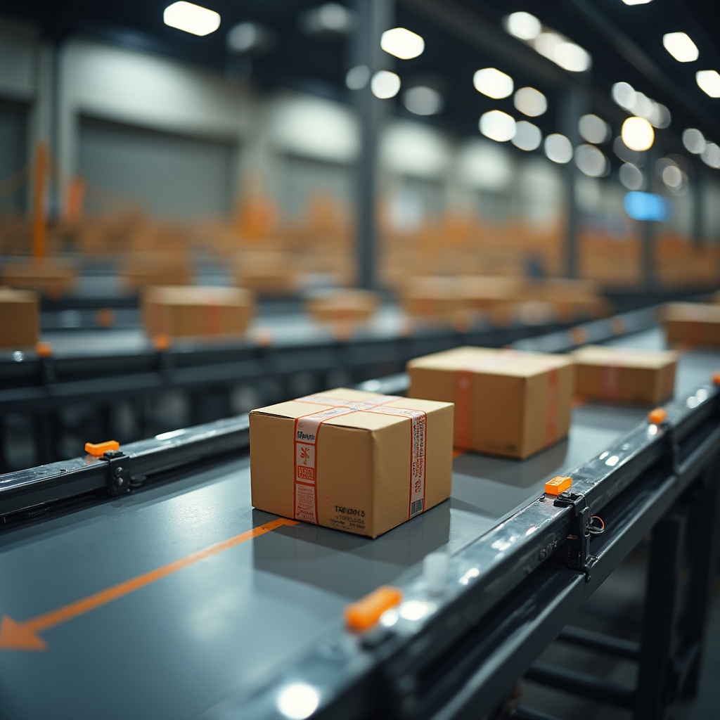 Close-up of an automated conveyor sortation system moving parcels through diverter arms