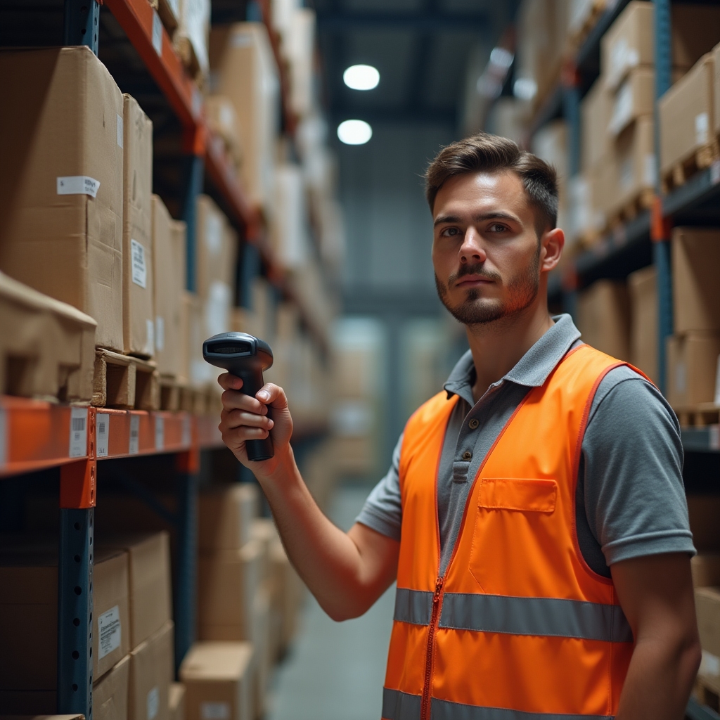Warehouse worker using a handheld barcode scanner while checking inventory on a storage shelf
