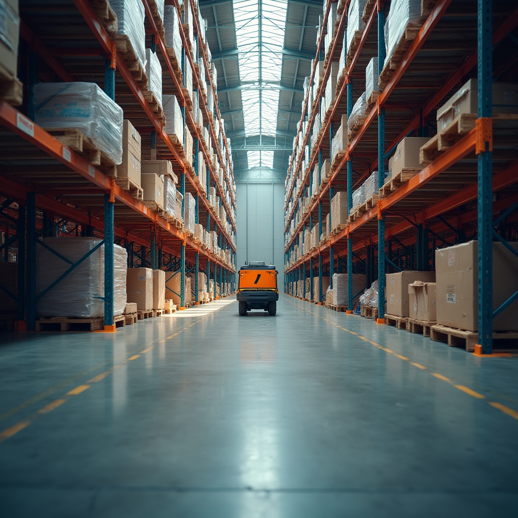 Wide interior view of a modern warehouse with automated guided vehicles moving between storage racks