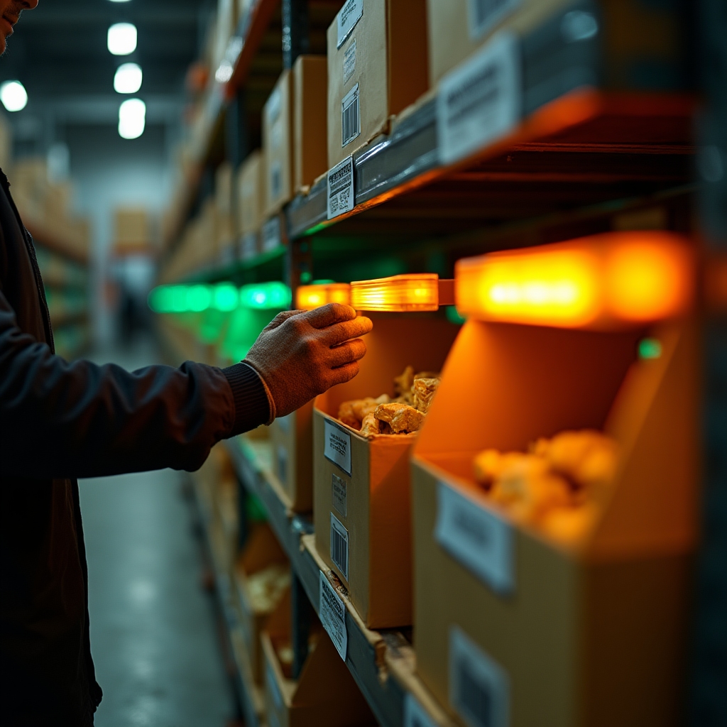 Pick-to-light shelving unit with illuminated indicators guiding warehouse order picking