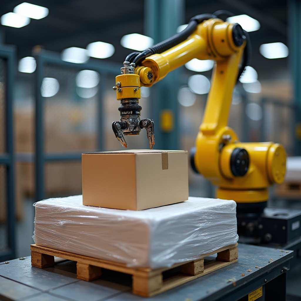 Industrial robotic arm palletizing cardboard boxes onto a wooden pallet in a warehouse setting