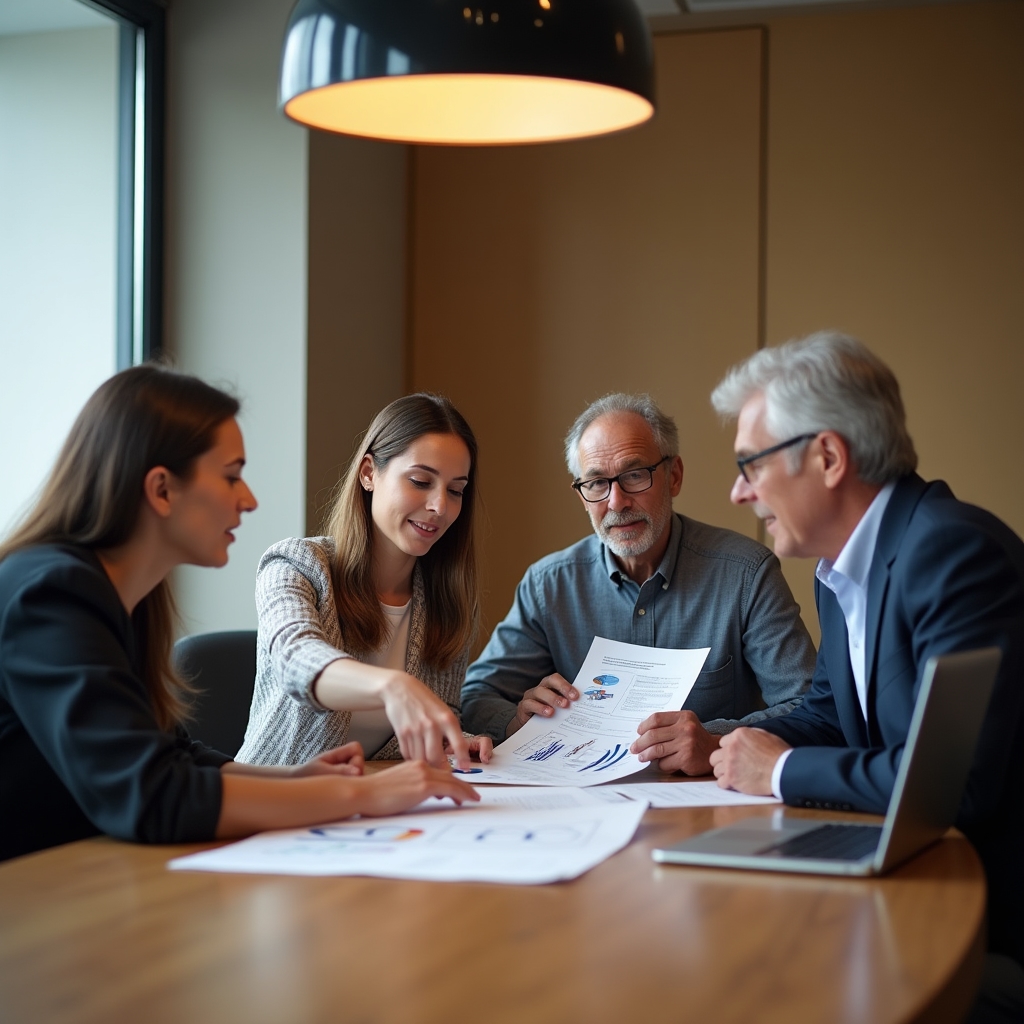 Small team reviewing an automation evaluation report together around a meeting room table