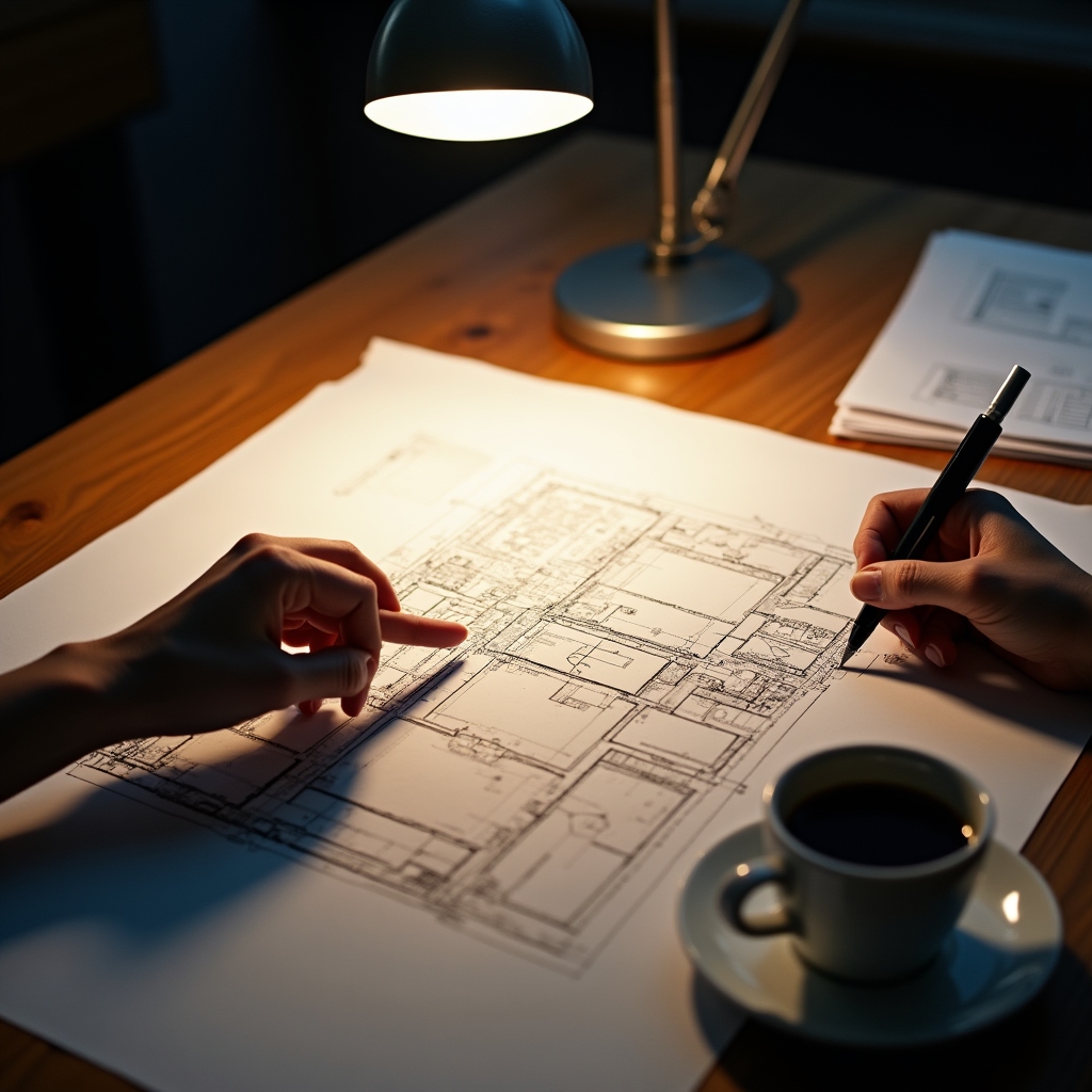 Warehouse floor plan blueprint spread across a table during an automation planning session