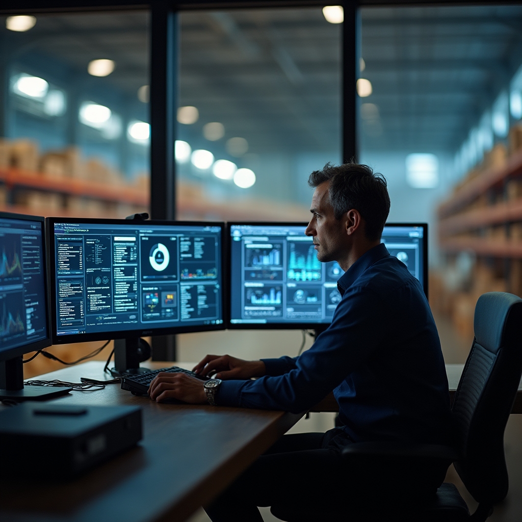 Warehouse operations control room with multiple monitors displaying automation system dashboards